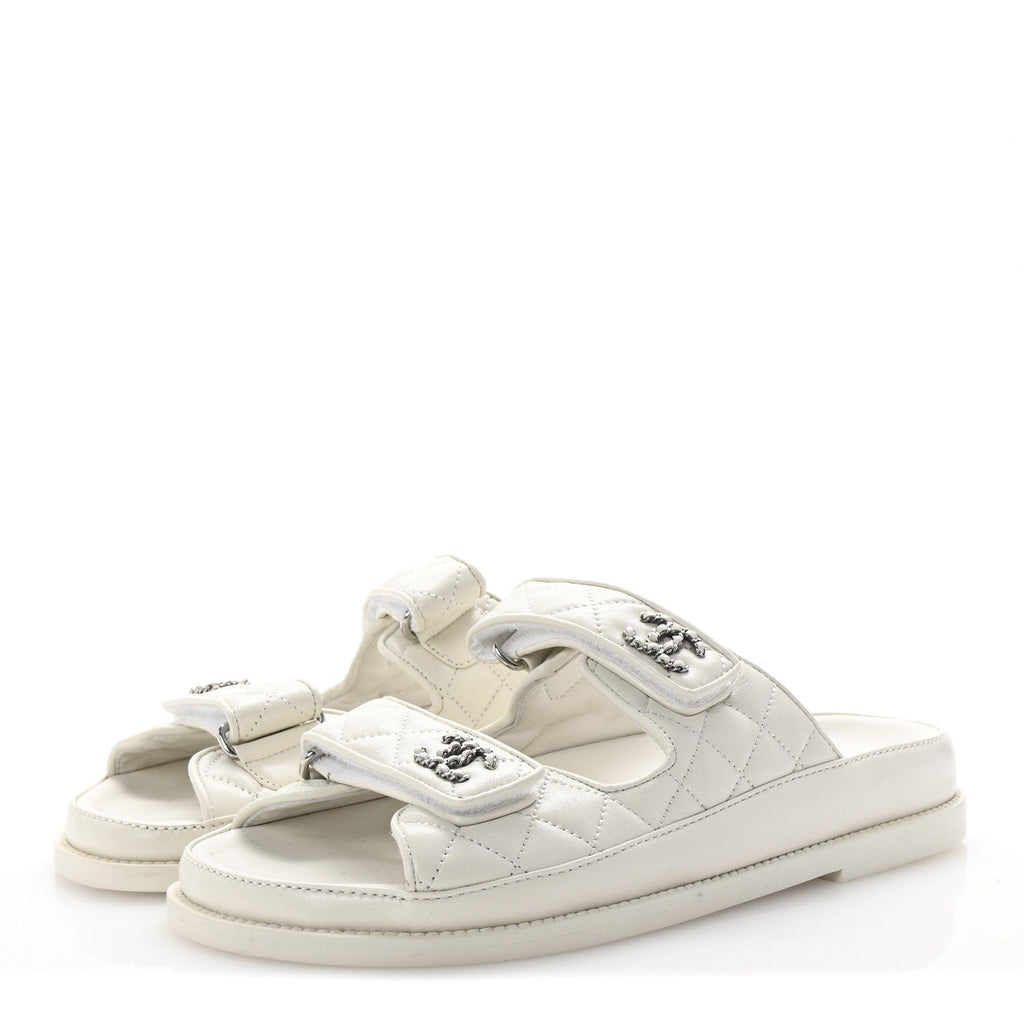 Lambskin Quilted Velcro Dad Chain CC Slide Sandals 37.5 White