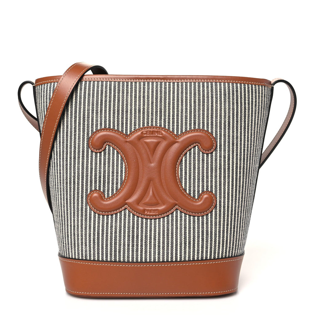 Canvas Calfskin Stripe Triomphe Small Bucket Bag Navy Blue Tan