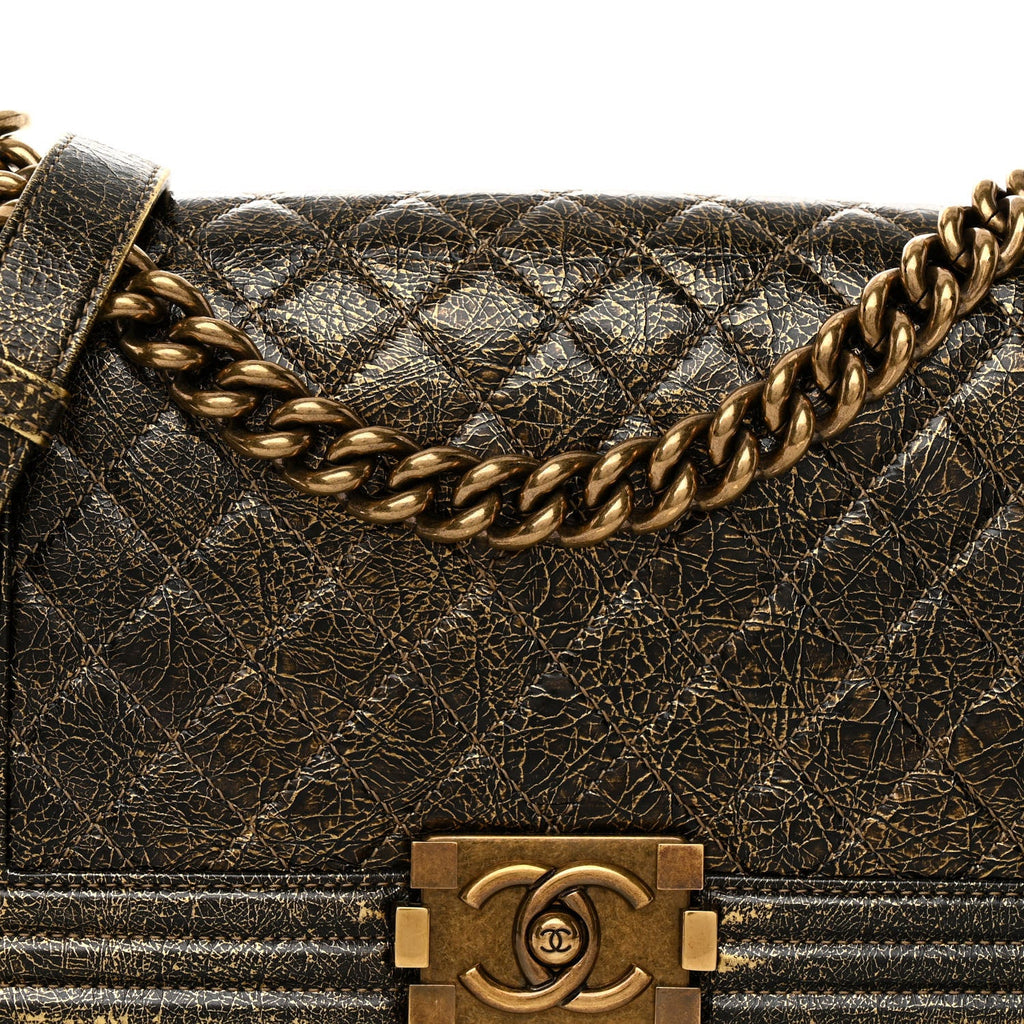 Cracked Metallic Calfskin Quilted Medium Boy Flap Gold