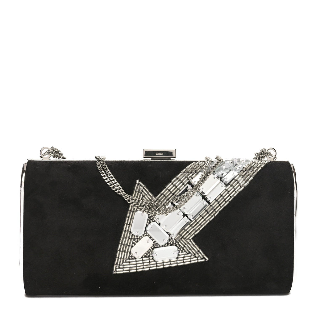 Suede Crystal Beaded Arrow Met Gala Clutch Black