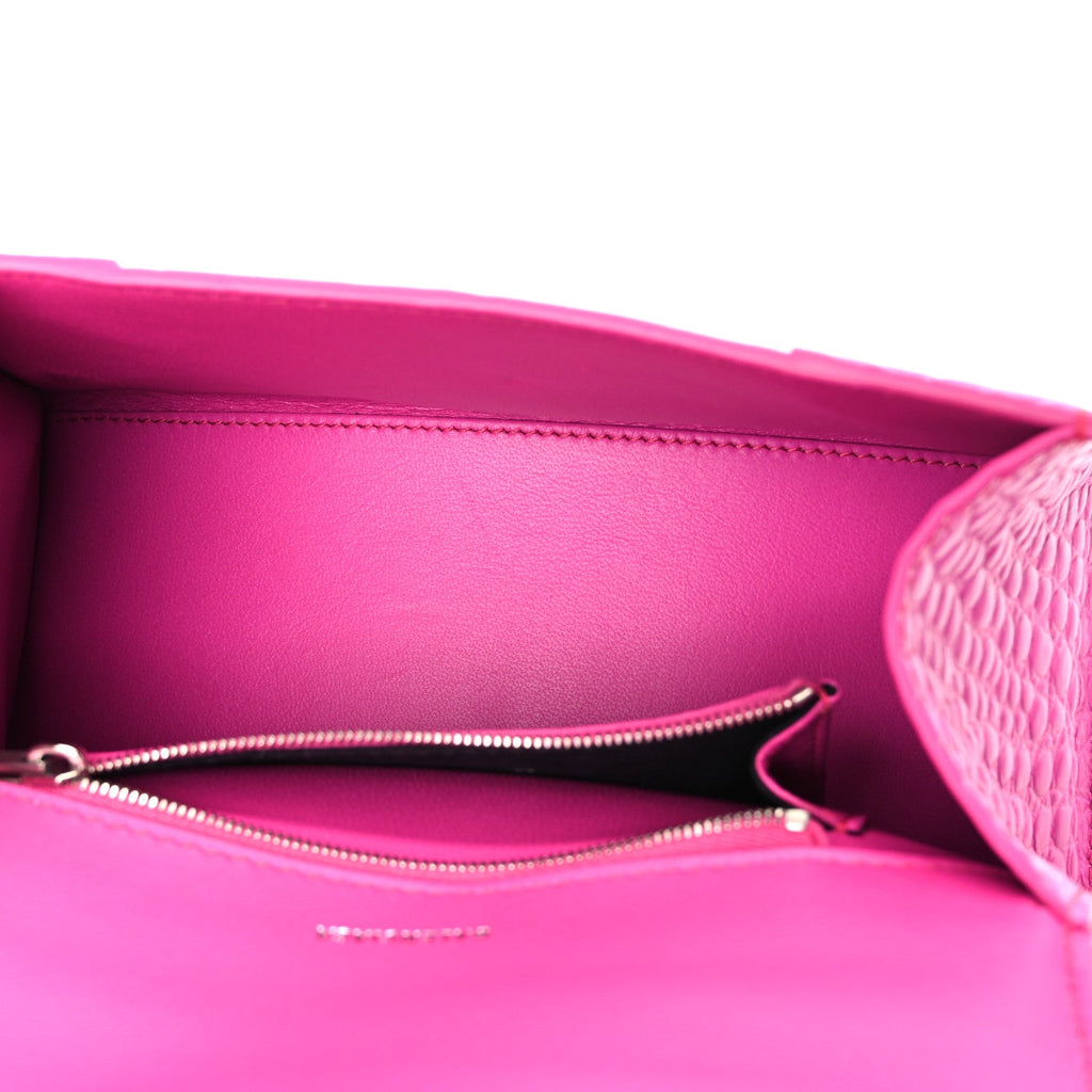 Shiny Calfskin Crocodile Embossed Small Hourglass Top Handle Bag Fuchsia