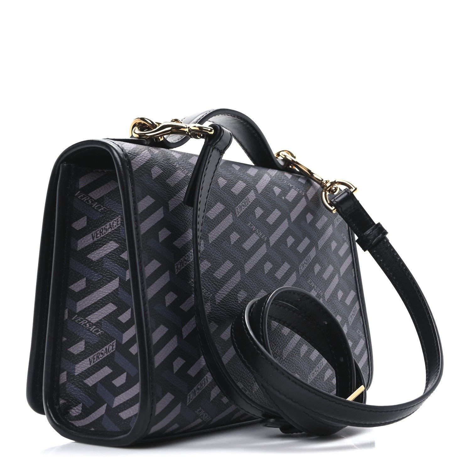 Coated Canvas La Greca Signature Top Handle Bag Black