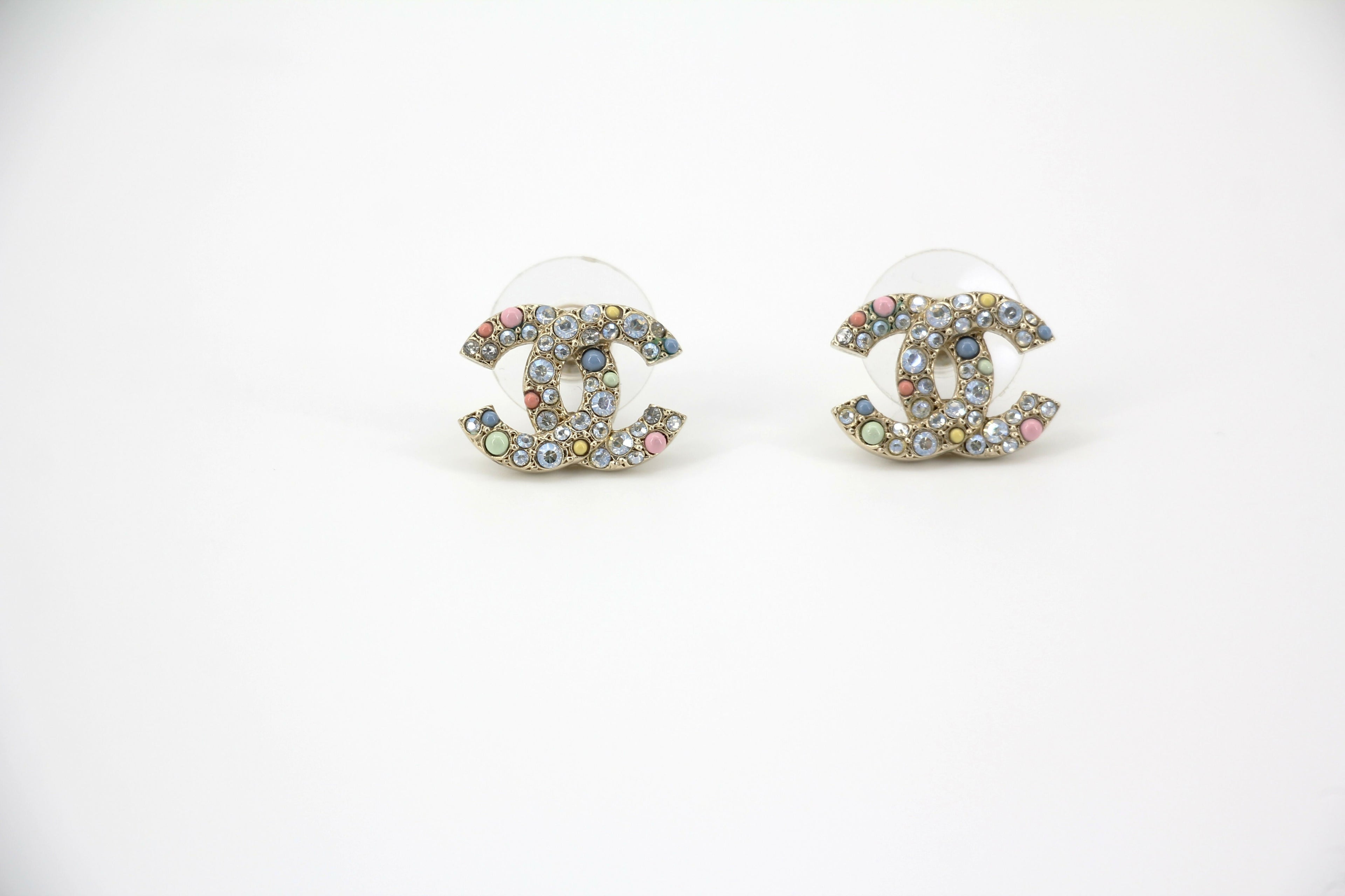 Chanel C21C Rhinestone Metal Multi-color Pebble Stud Earrings