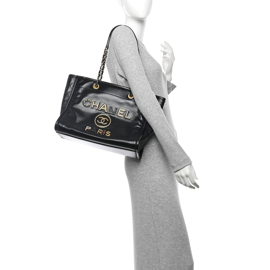 Aged Calfskin Small Charms Deauville Tote Black