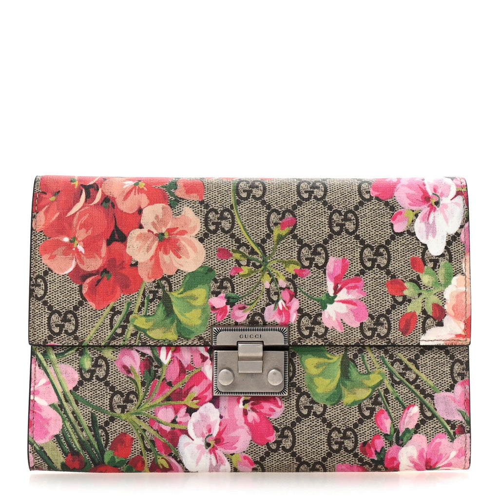GG Supreme Monogram Blooms Padlock Clutch Beige Multicolor Dry Rose