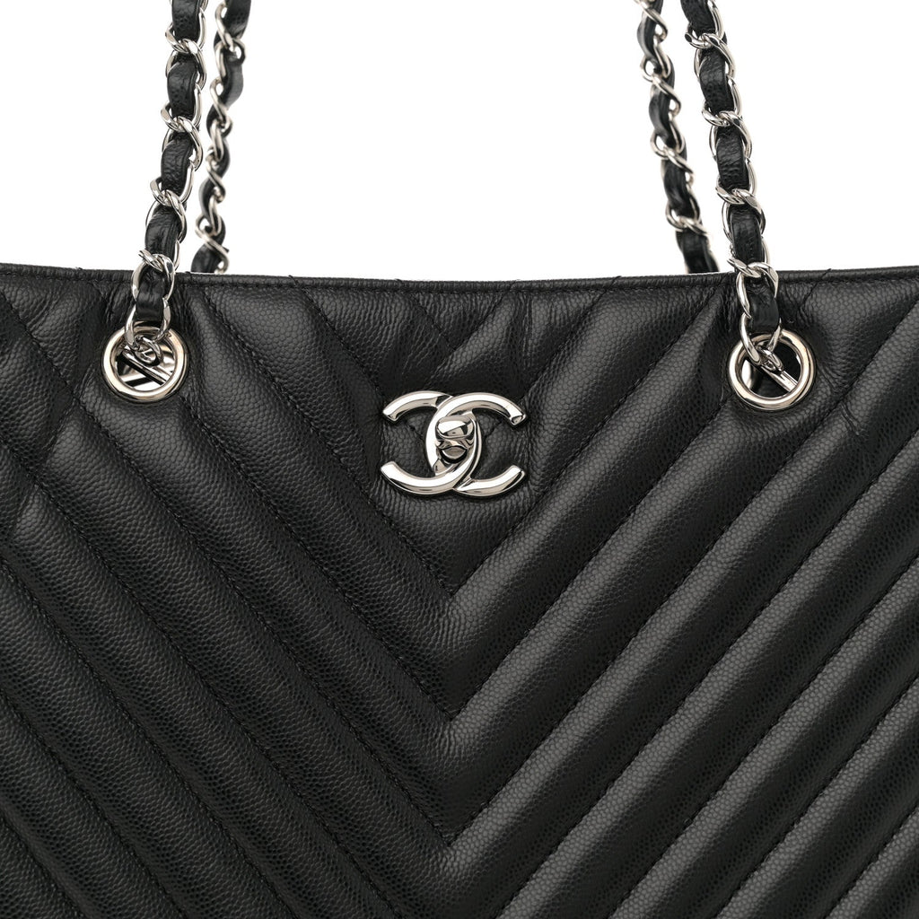Caviar Chevron Quilted Large Shopping Tote Tote Black