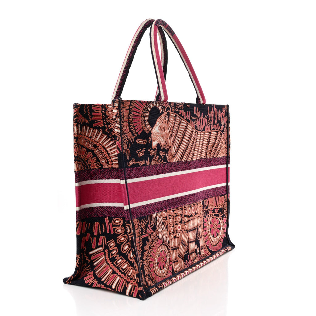 Canvas Embroidered Dior Animals Tiger Book Tote Deep Blue Fuchsia