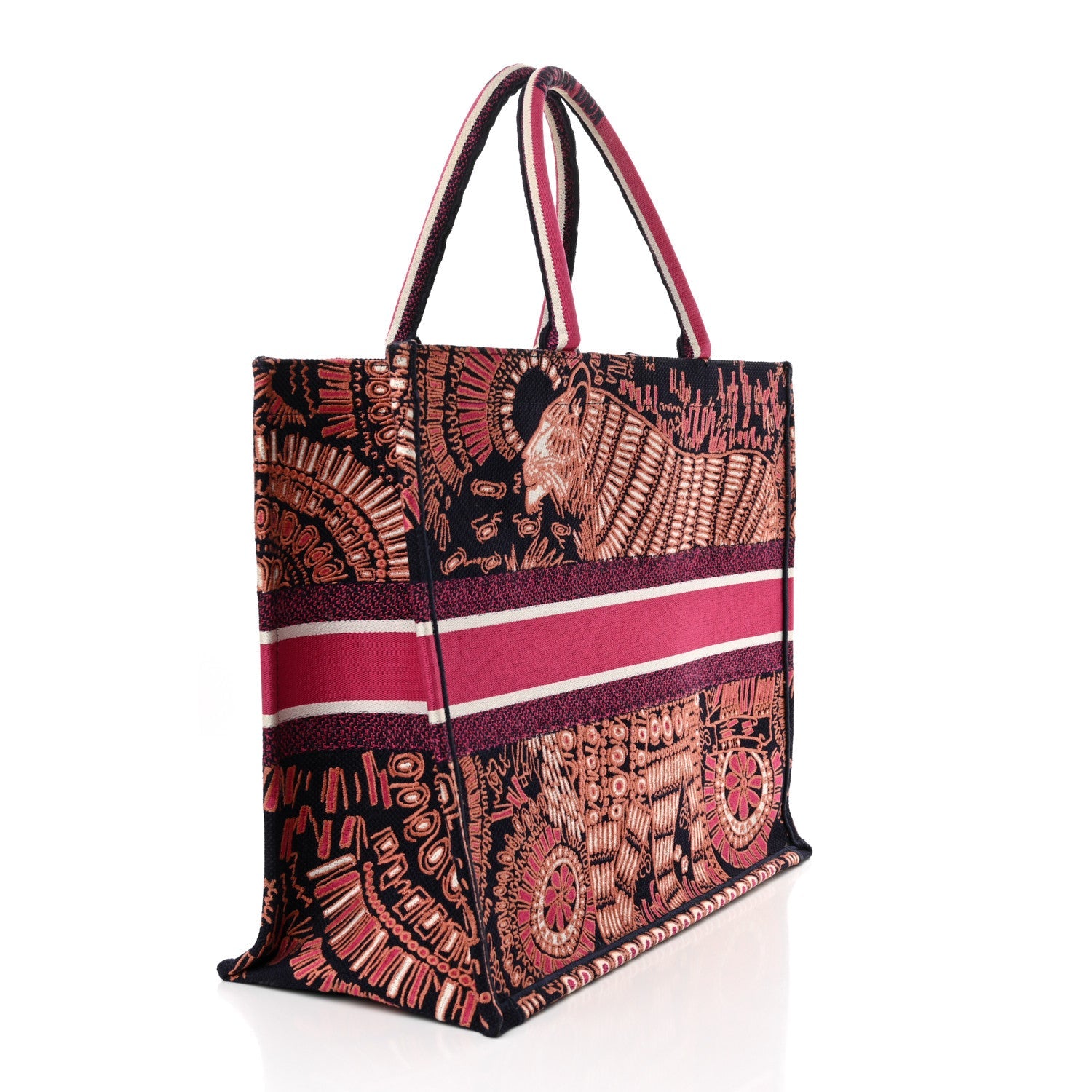 Canvas Embroidered Dior Animals Tiger Book Tote Deep Blue Fuchsia