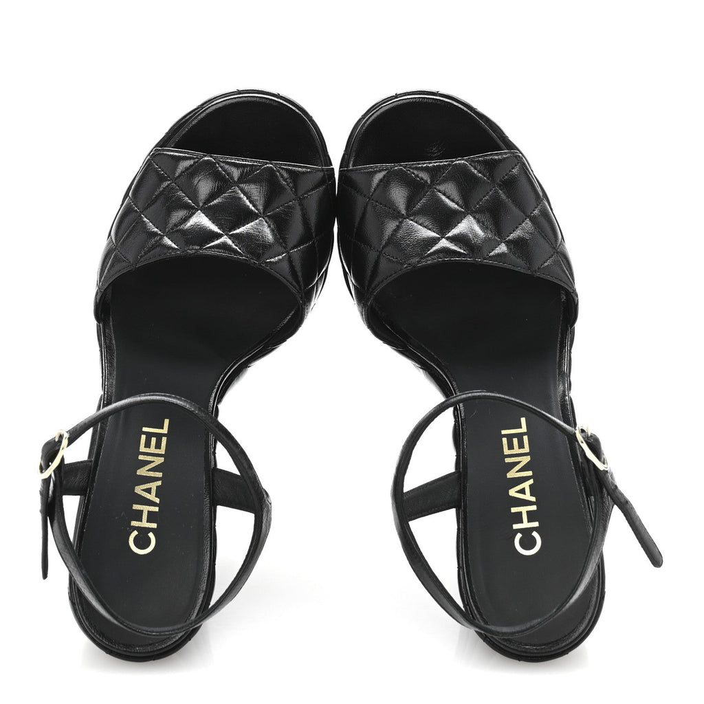 Shiny Lambskin Quilted Platform Sandals 38.5 Black