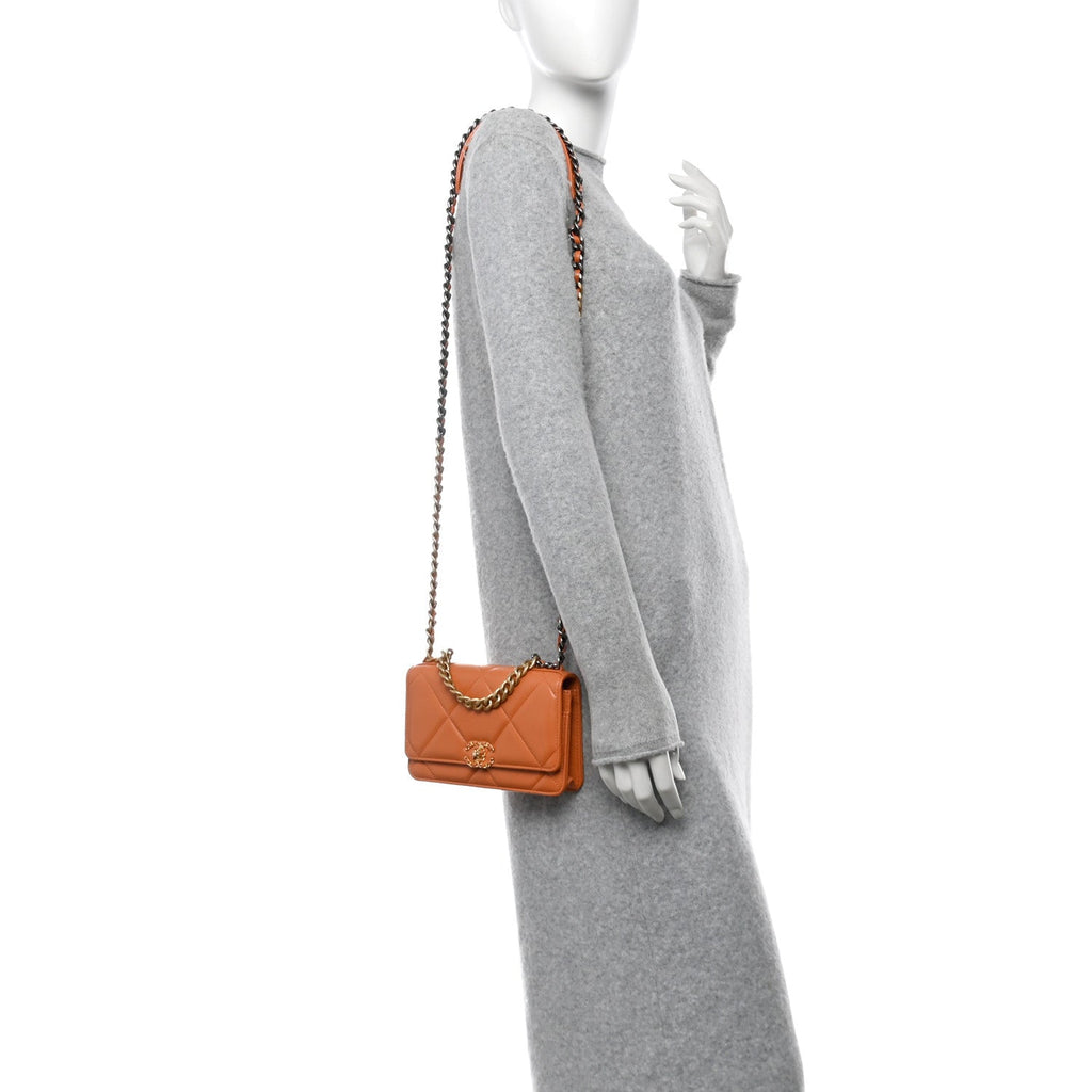 Lambskin Quilted Chanel 19 Wallet On Chain WOC Orange
