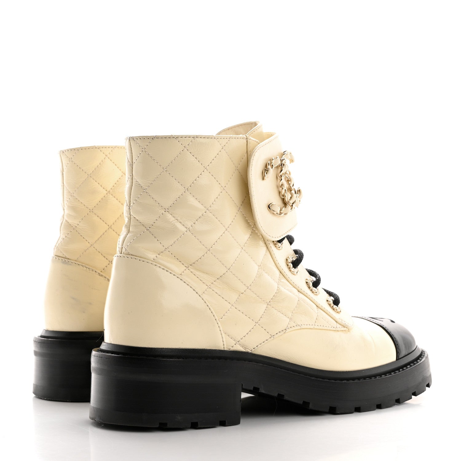 Shiny Lambskin Quilted Lace Up Combat Boots 36.5 White Black