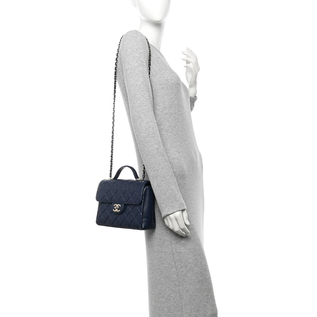 Lambskin Quilted Small Top Handle Square Flap Navy Blue