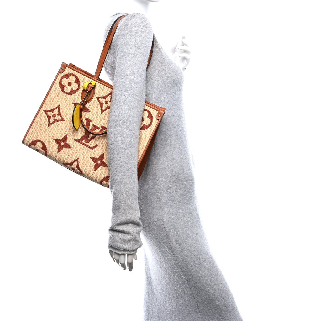 Raffia Calfskin Monogram Giant Onthego MM Tan