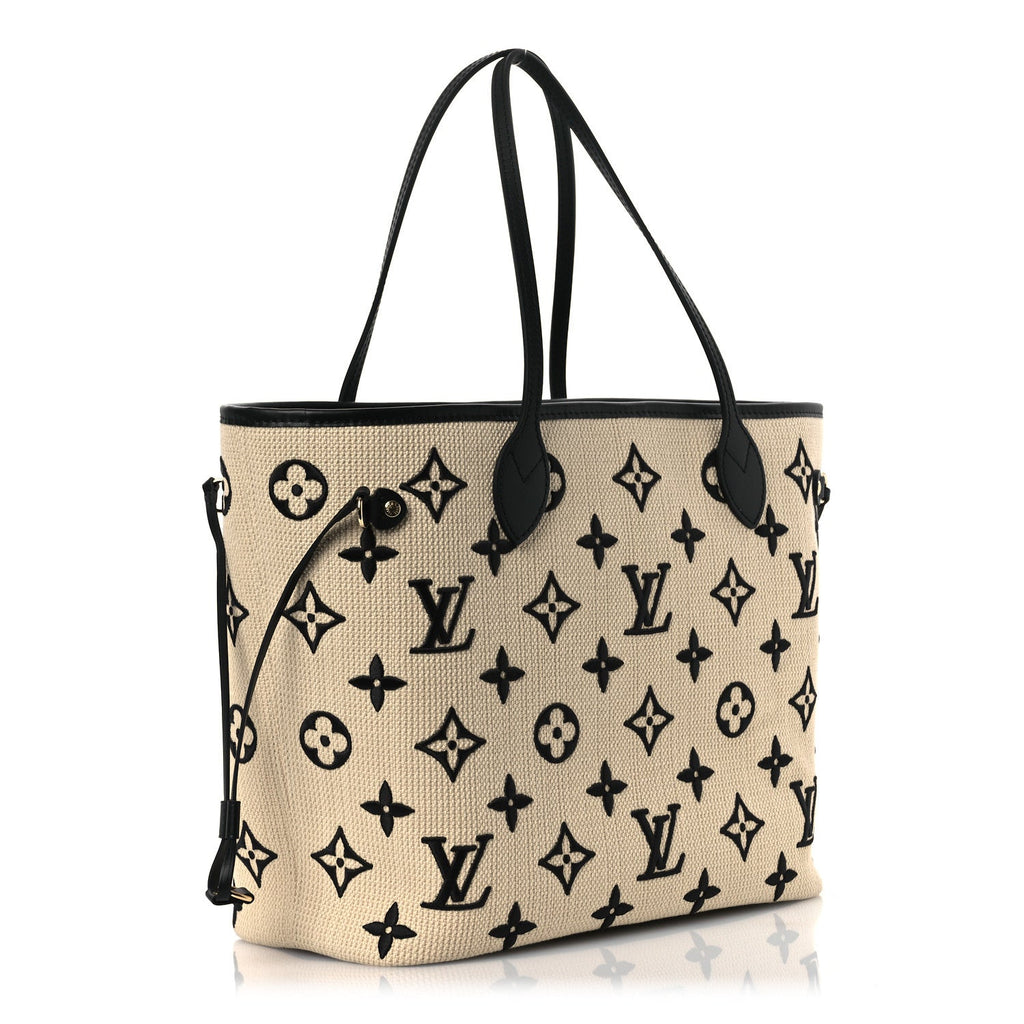 Cotton Monogram Embroidered Neverfull MM Beige Black