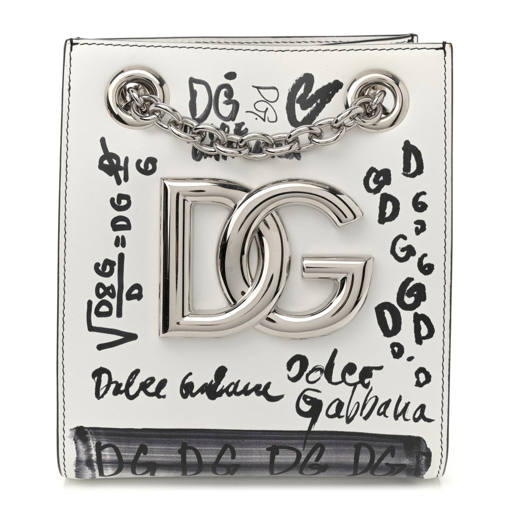 Calfskin DG Graffiti Print Chain Shoulder Bag White Black