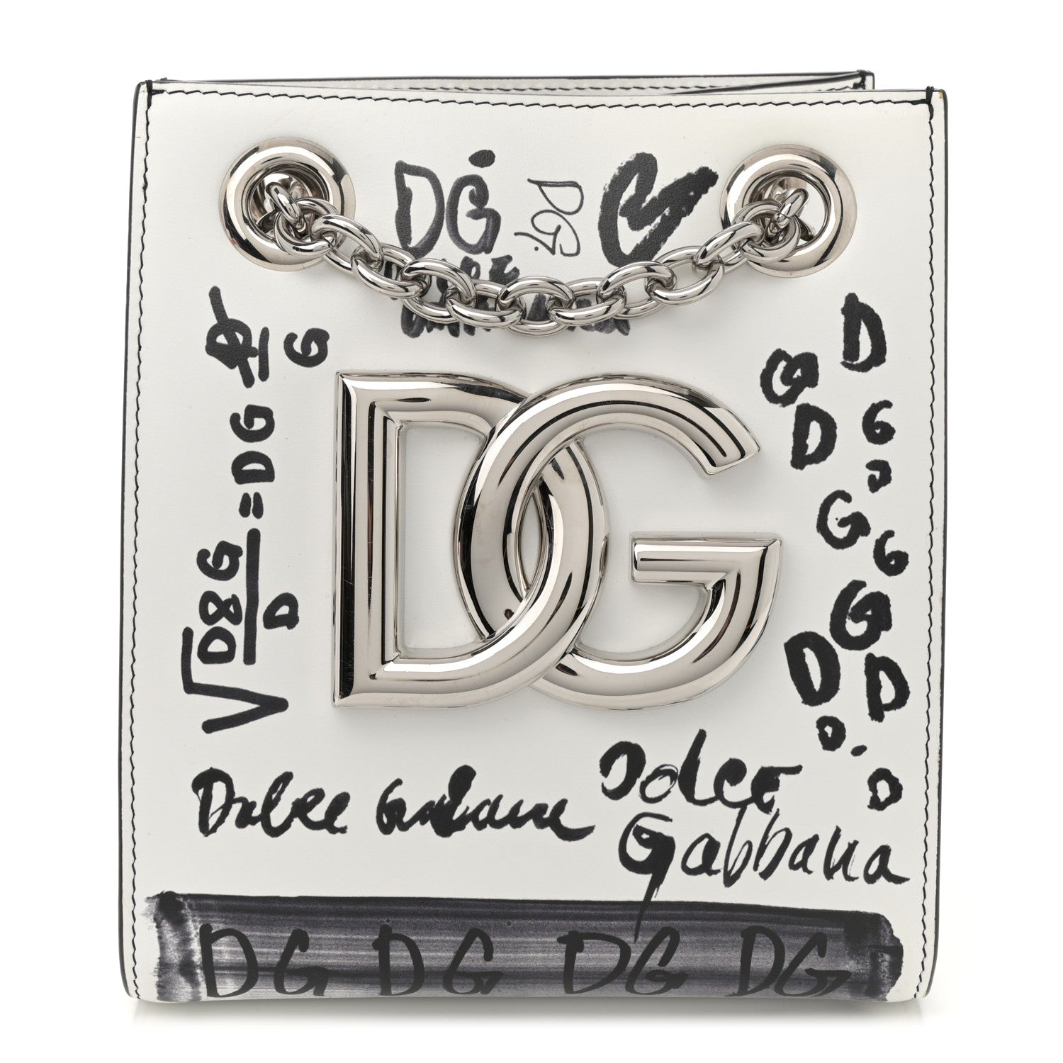Calfskin DG Graffiti Print Chain Shoulder Bag White Black