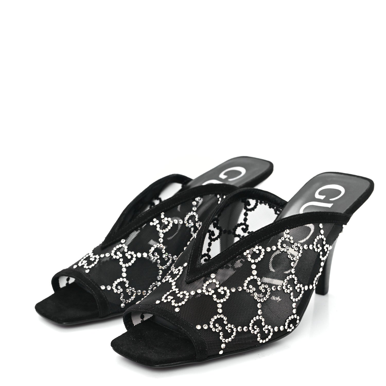 Tela Retino Kid Scamosciato Crystal GG Monogram Square G 95mm Slide Sandals 35 Black