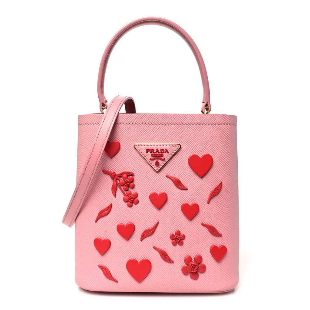 Saffiano City Calf Heart & Flower Small Panier Bucket Bag  Pink Red
