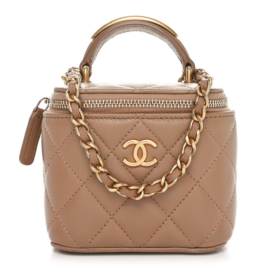 Lambskin Quilted Metal Mini Top Handle Vanity Case With Chain Beige