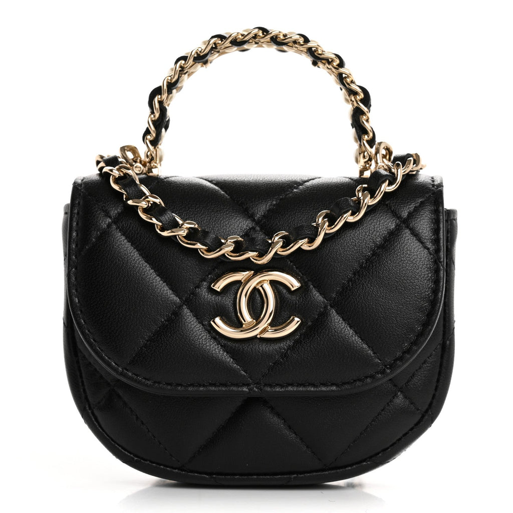 Lambskin Quilted Pearl Top Handle Clutch With Chain Black