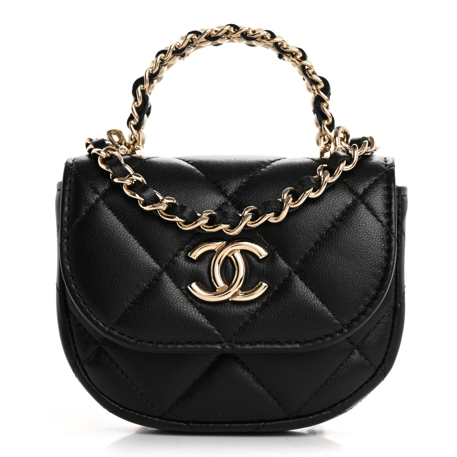 Lambskin Quilted Pearl Top Handle Clutch With Chain Black