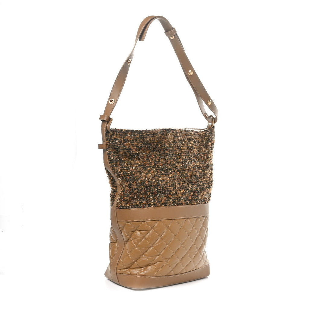 Tweed Aged Calfskin Quilted Casual Style Hobo Beige