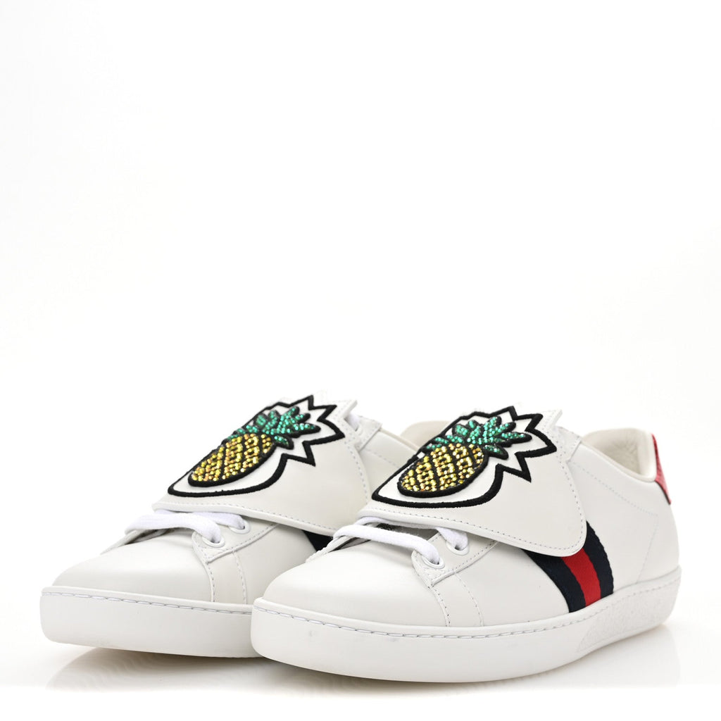 Calfskin Ayers Crystal Web Pineapple Embroidered Womens New Ace Sneakers 35.5 White
