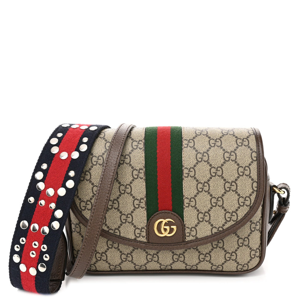GG Supreme Monogram Textured Dollar Calfskin Web Studded Mini Ophidia Flap Shoulder Bag Beige Ebony New Acero