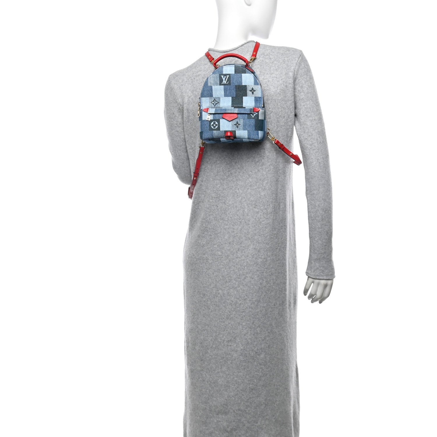 Denim Damier Monogram Patchwork Palm Springs Backpack Mini Blue Rouge
