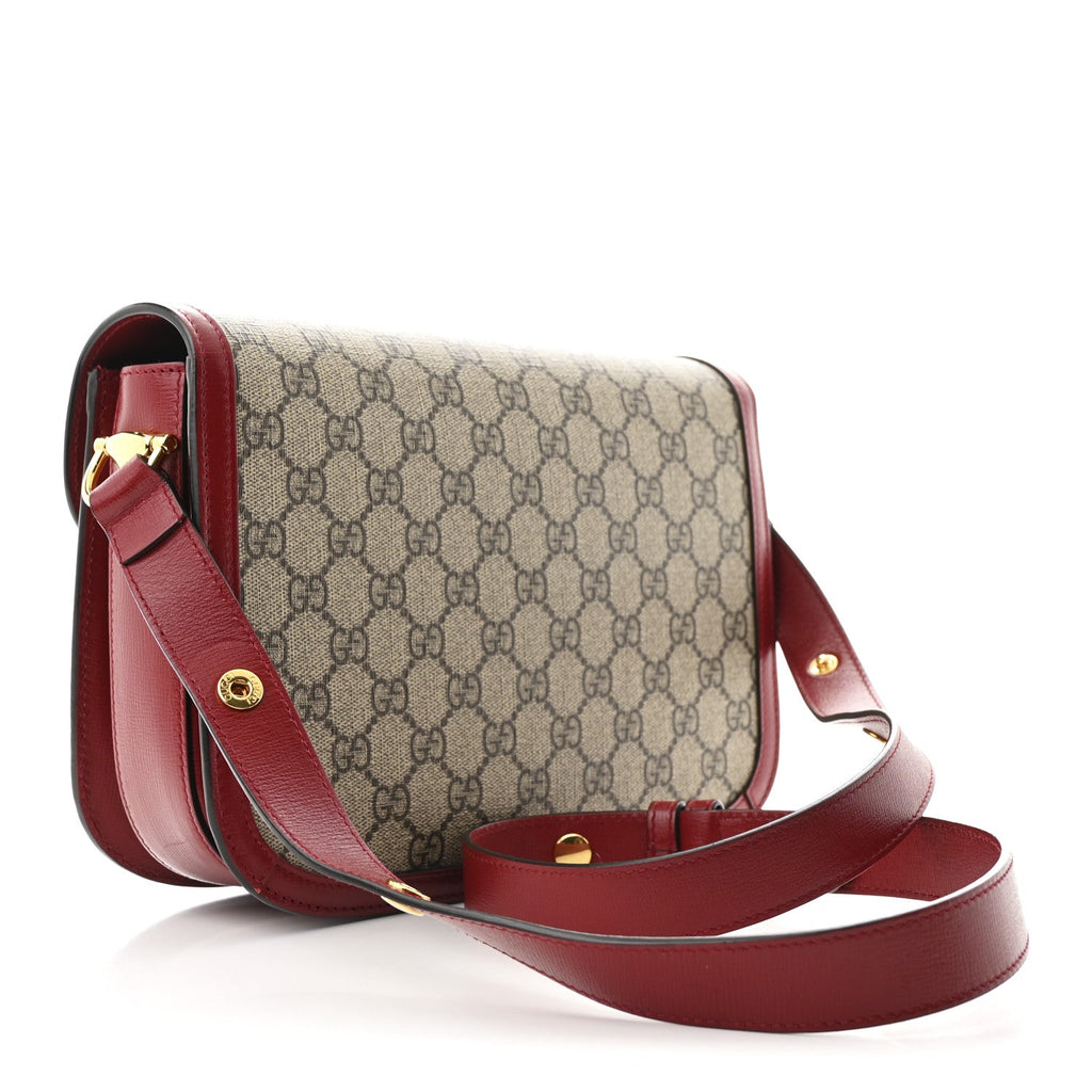 GG Supreme Monogram Azalea Calfskin Horsebit 1955 Shoulder Bag Beige Ebony New Cherry Red