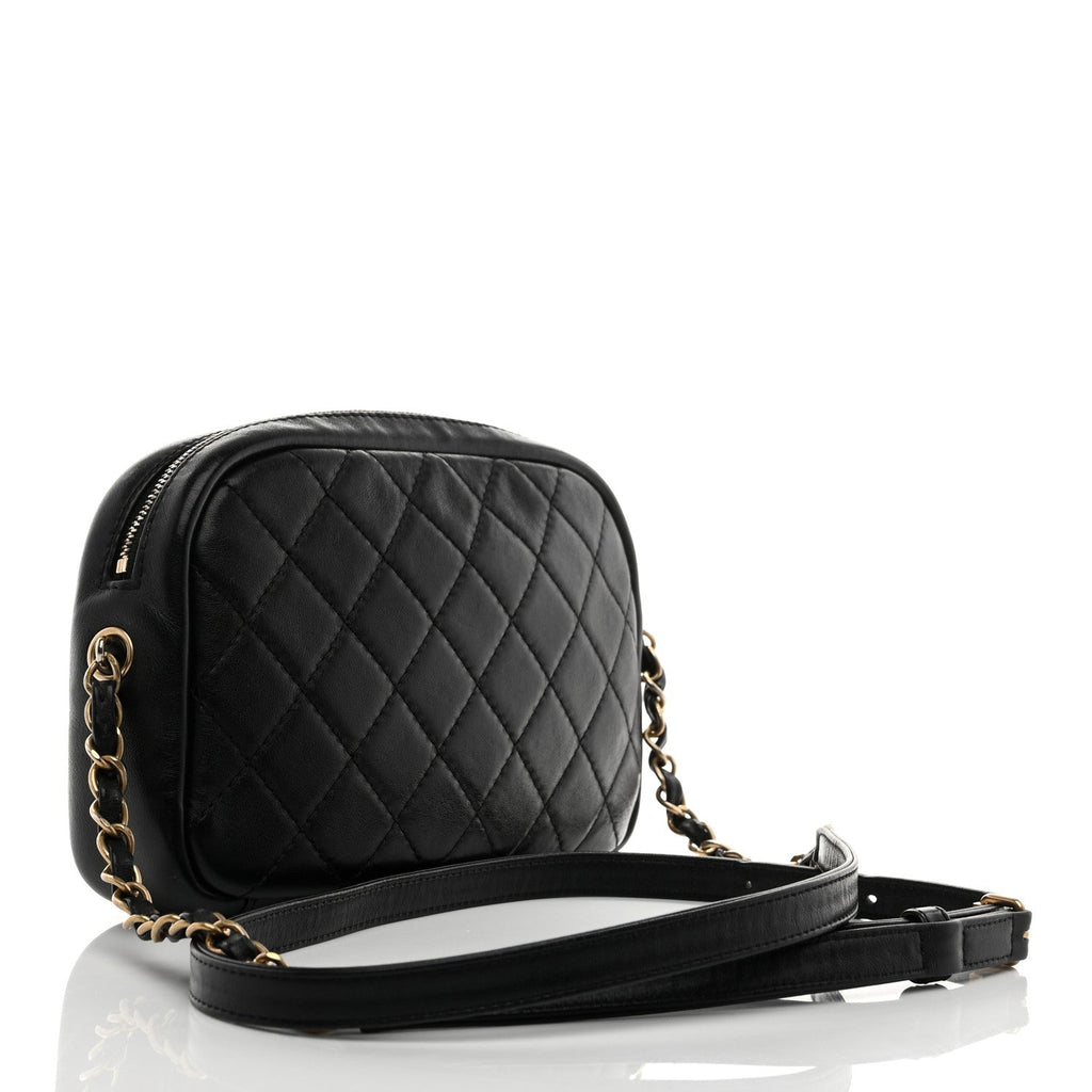 Lambskin Quilted Medium Buckle Camera Case Bag Black