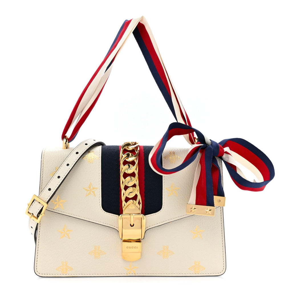 Textured Calfskin Bee Star Print Small Sylvie Shoulder Bag Mystic White