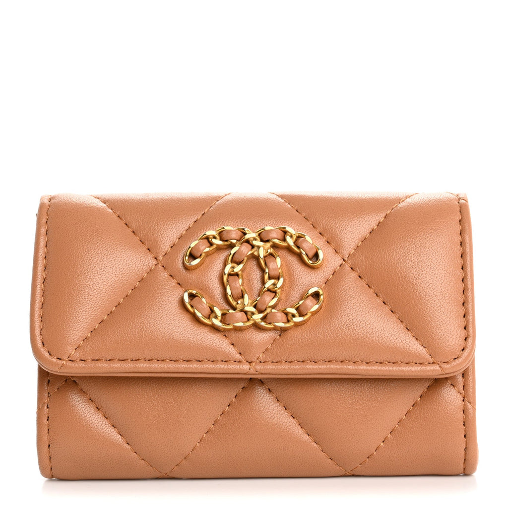 Lambskin Quilted Chanel 19 Flap  Holder Brown