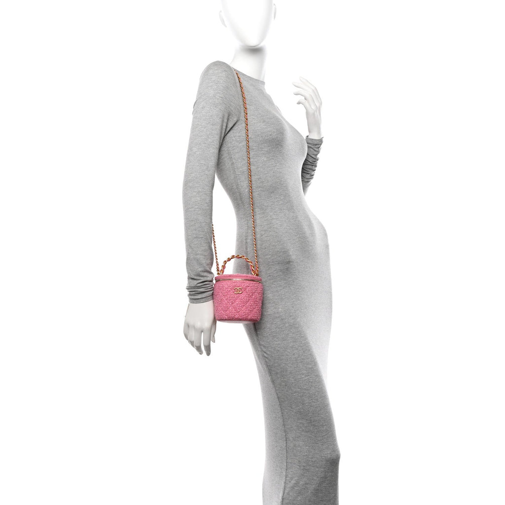 Tweed Quilted Afternoon Tea Top Handle Vanity Case With Chain Pink