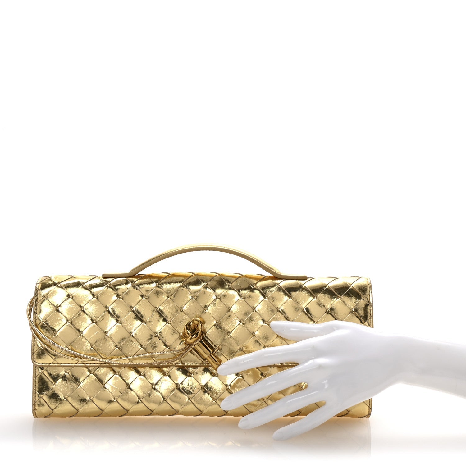 Metallic Lambskin Intrecciato Long Andiamo Top Handle Clutch Gold