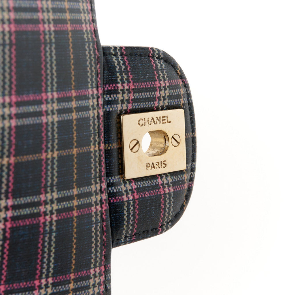 Calfskin Quilted Plaid Printed Small Single Flap Navy Multicolor