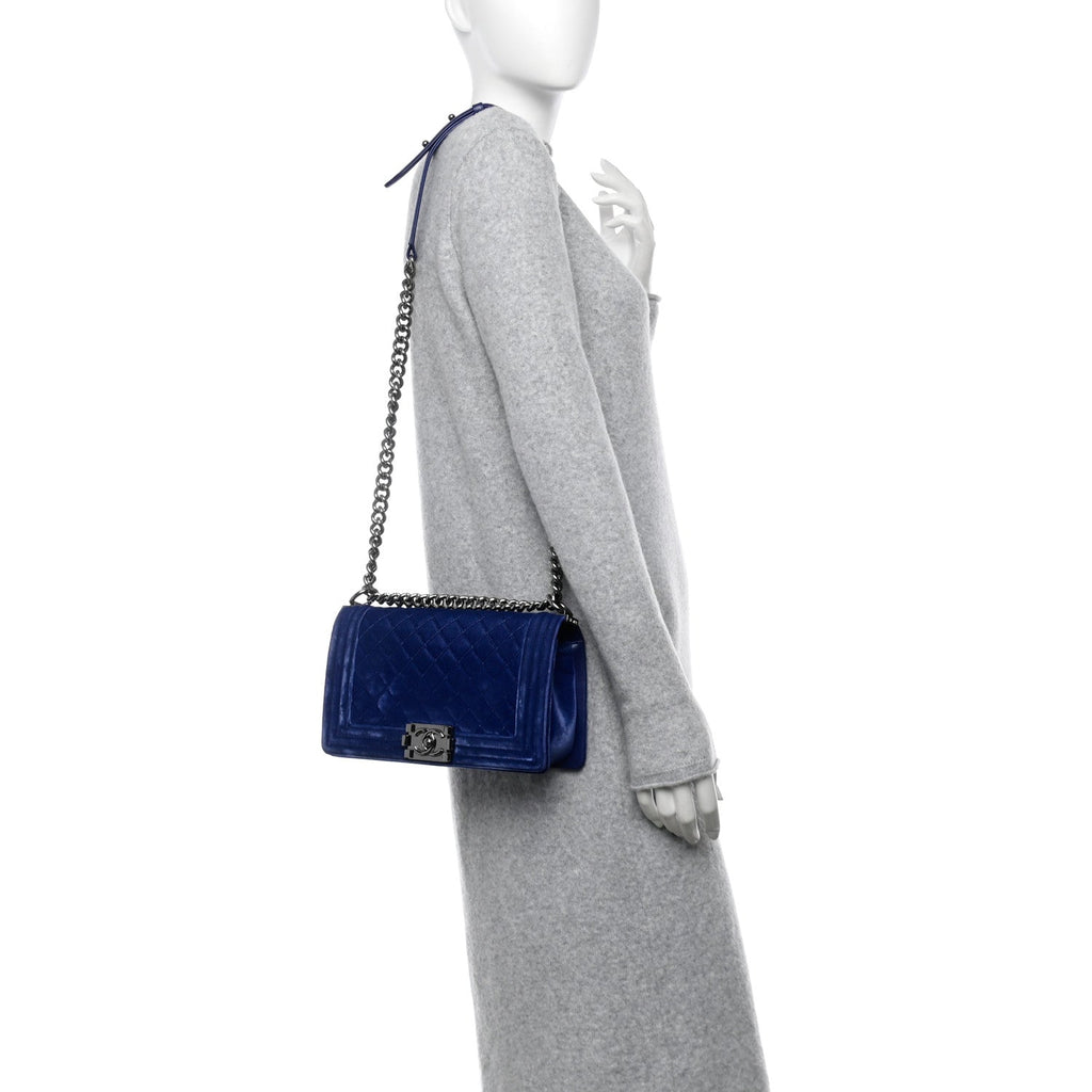 Velvet Quilted Medium Boy Flap Blue