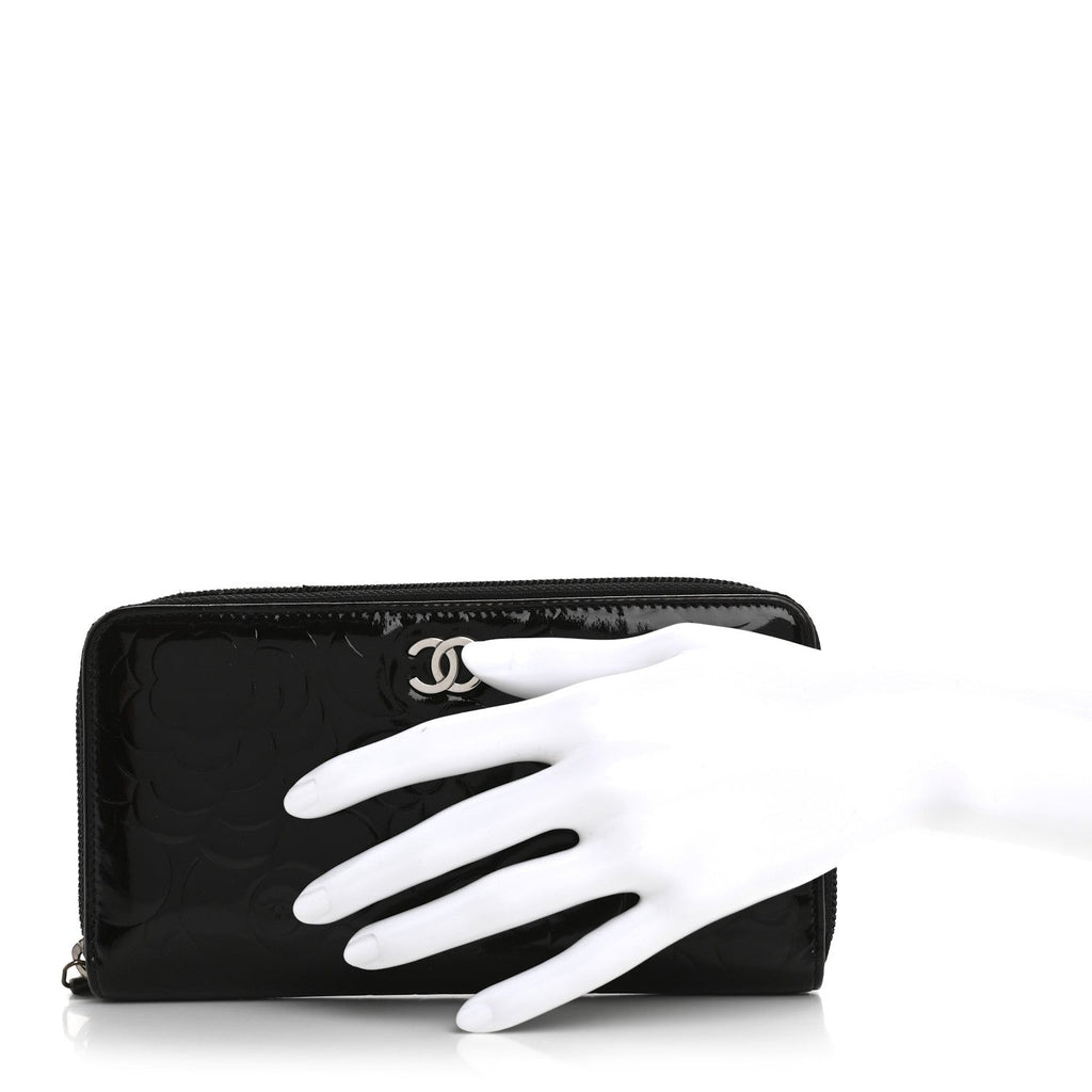 Patent Camellia Embossed Large Zip Around Gusset Wallet Black