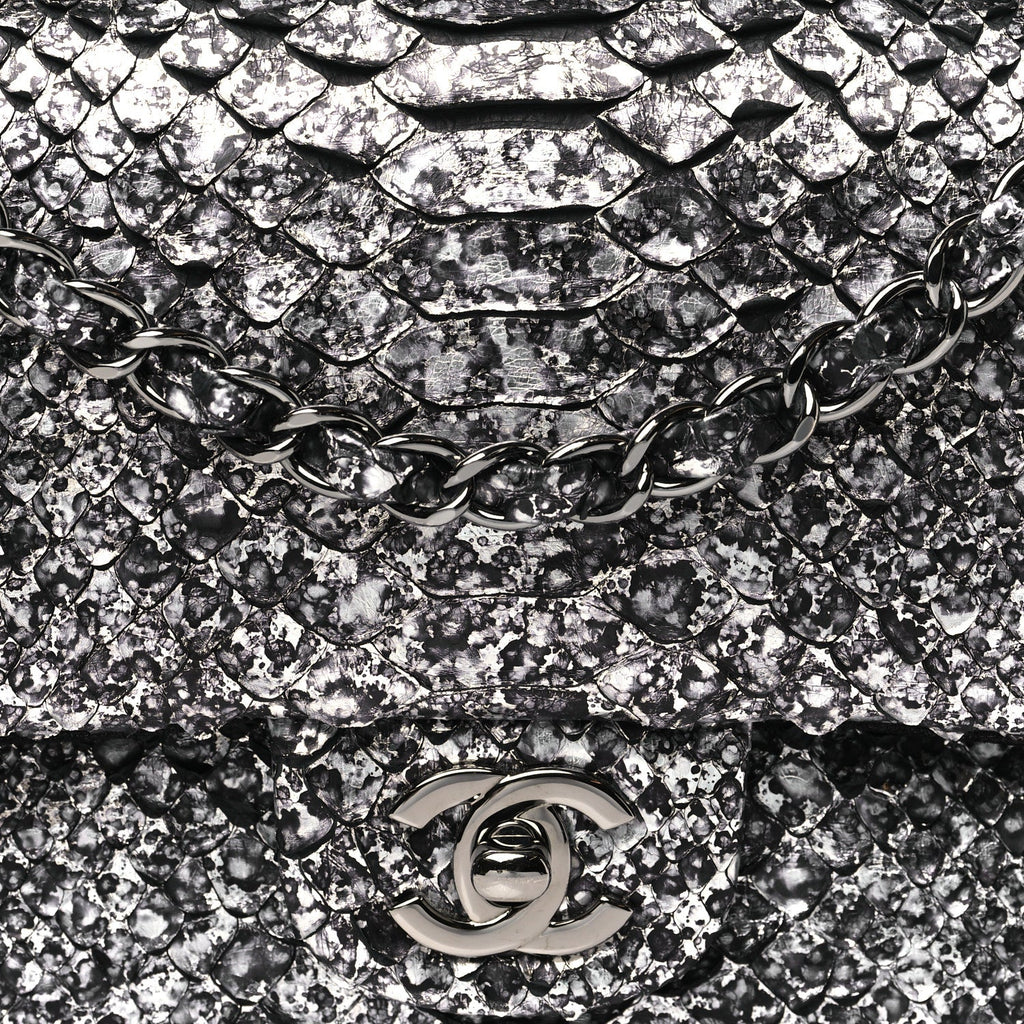 Metallic Snakeskin Medium Double Flap Black Silver