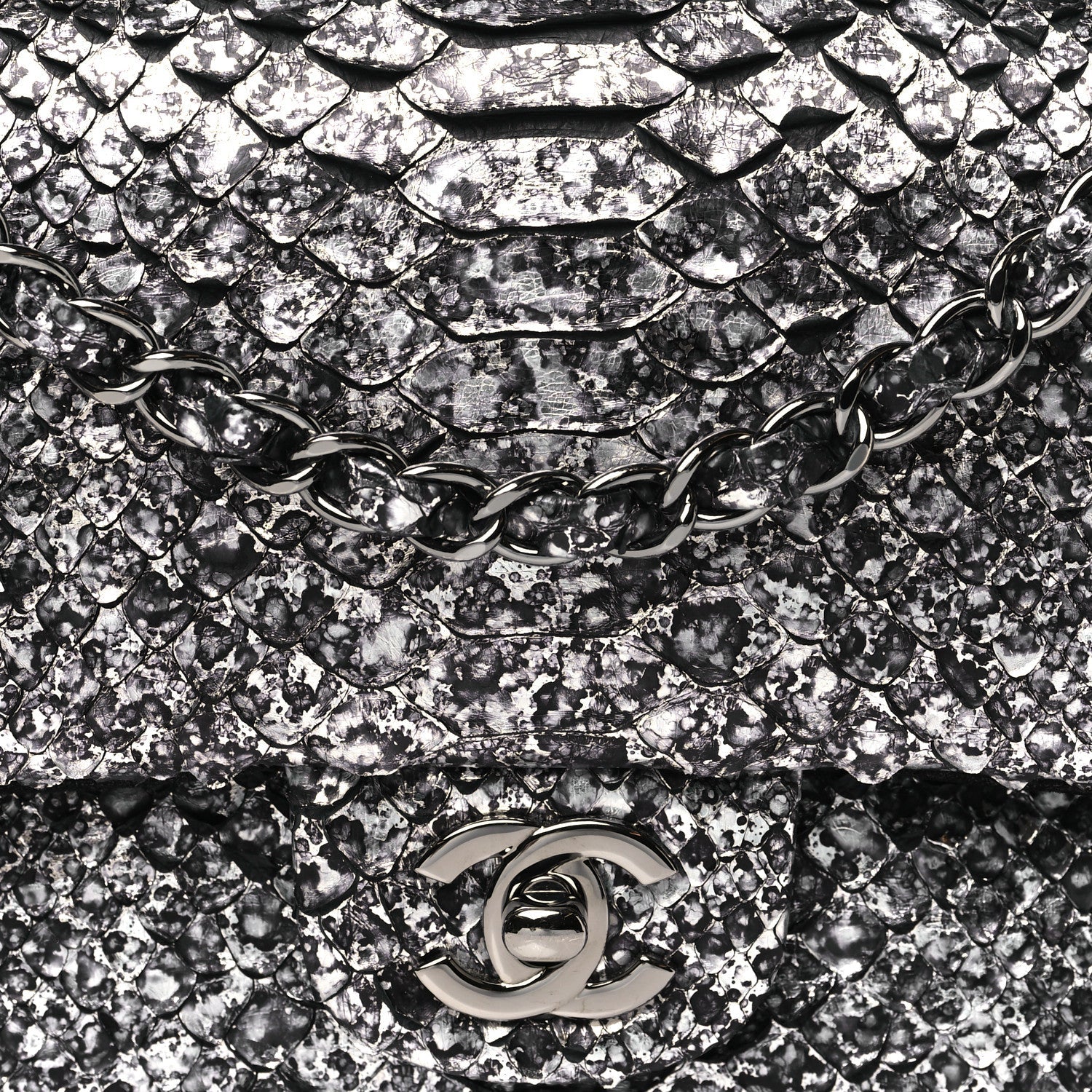 Metallic Snakeskin Medium Double Flap Black Silver