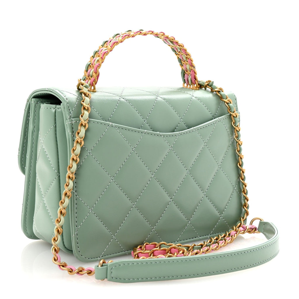 Shiny Calfskin Quilted Mini Metal Top Handle Flap Light Green