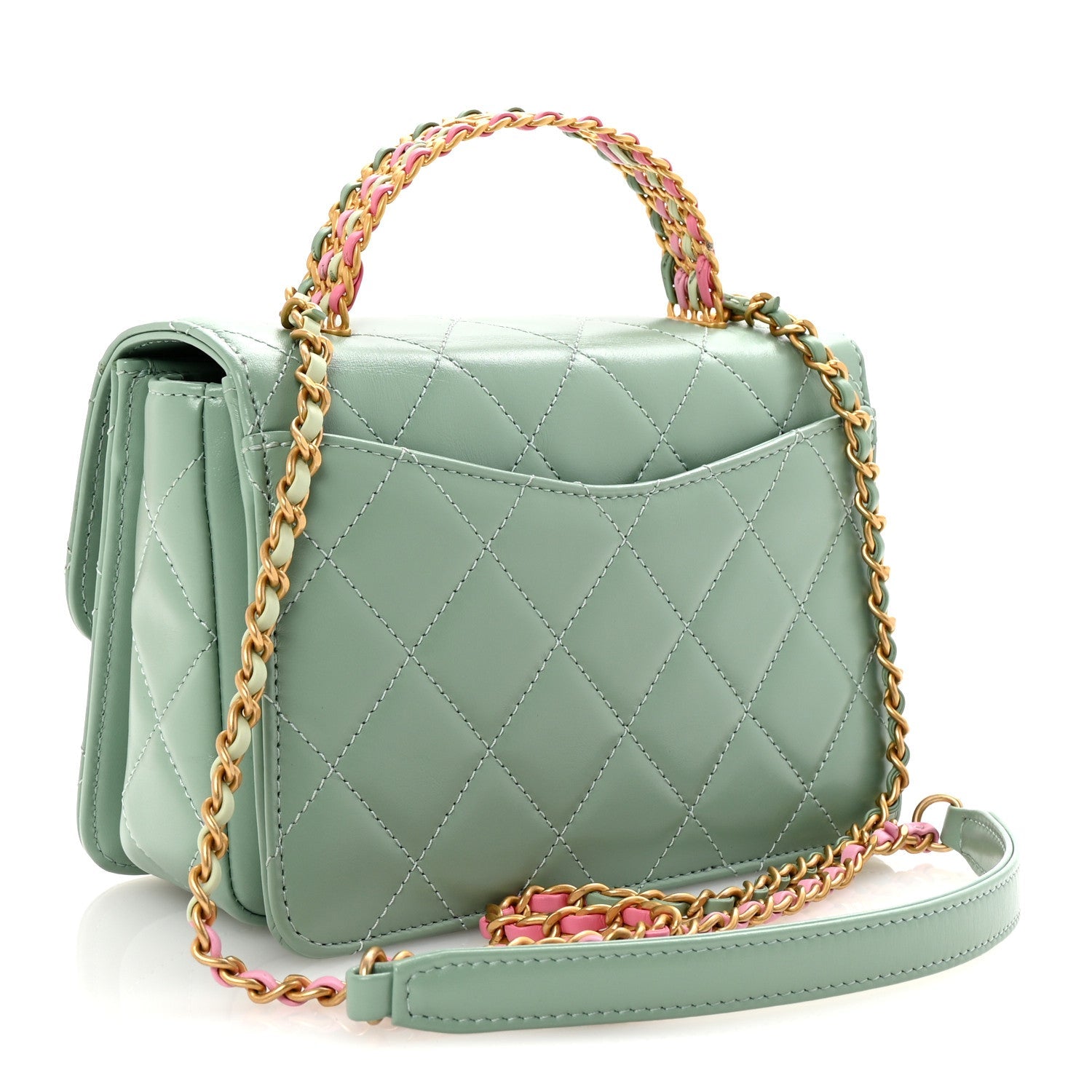 Shiny Calfskin Quilted Mini Metal Top Handle Flap Light Green
