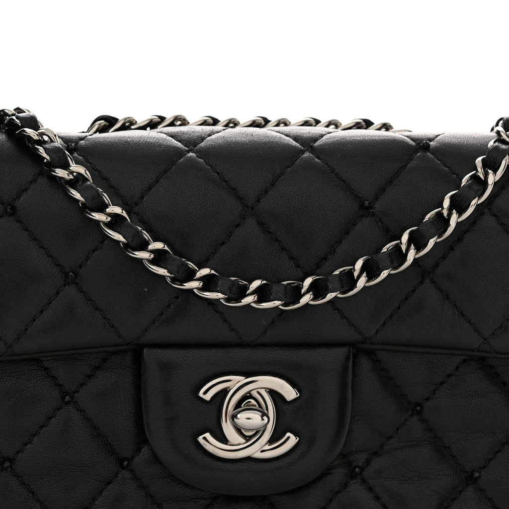 Lambskin Quilted Beaded Extra Mini Rectangular Flap Black