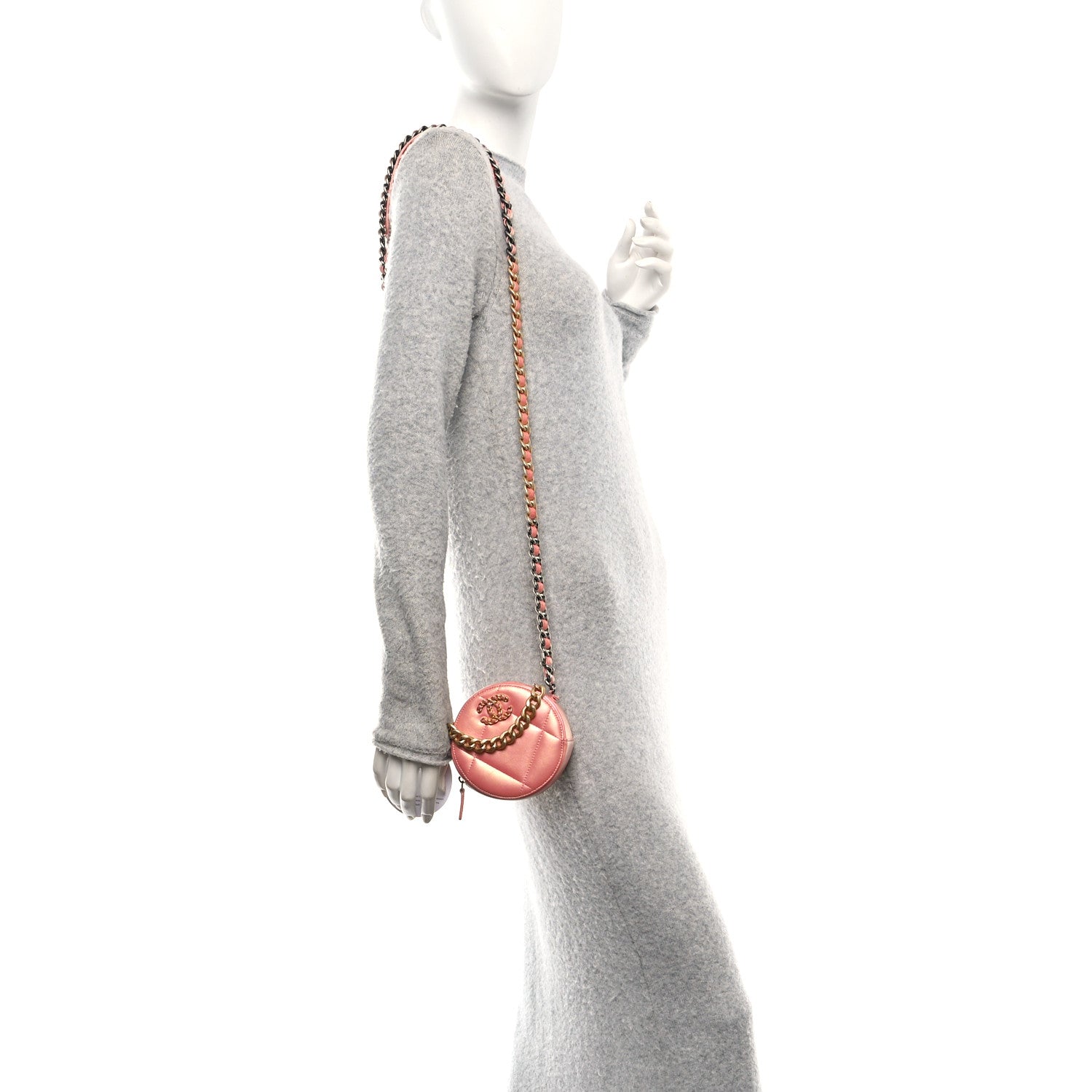 Iridescent Calfskin Quilted Chanel 19 Round Clutch With Chain Pink