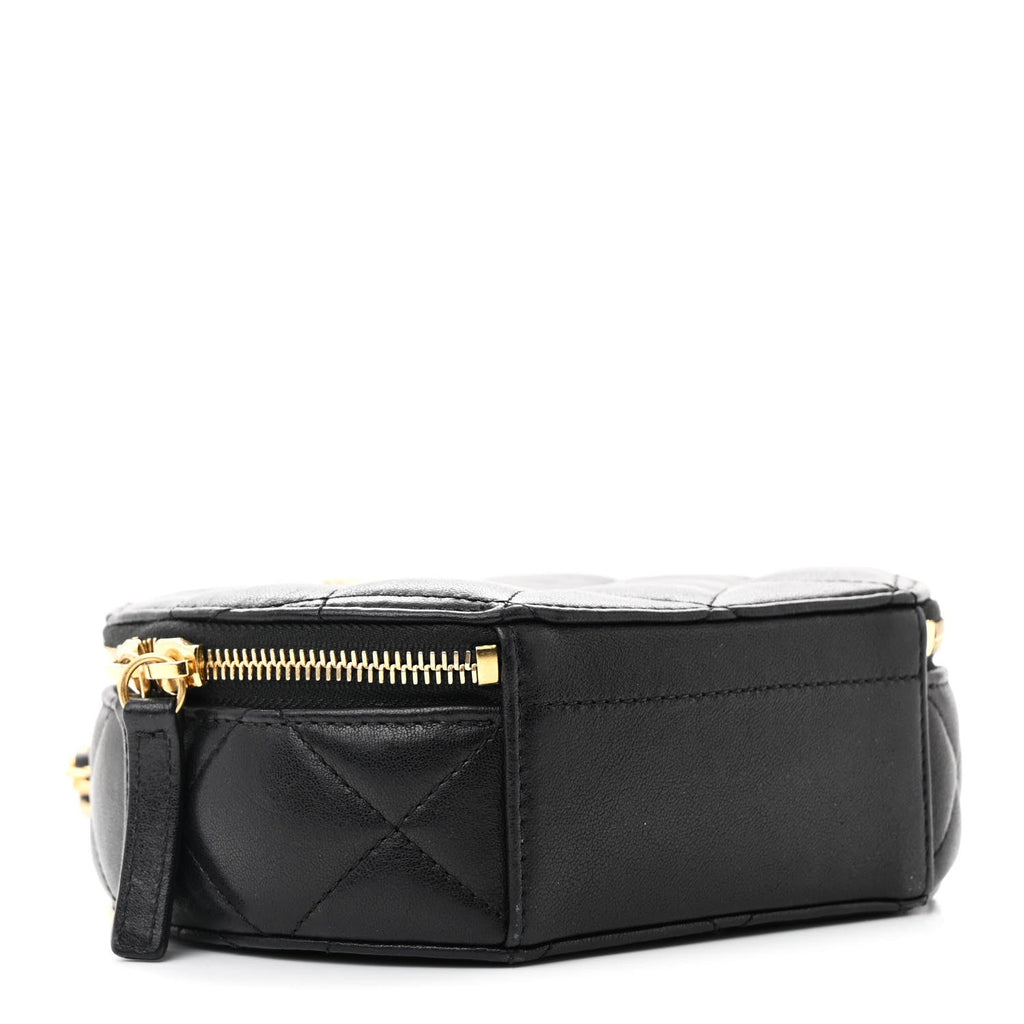 Lambskin Metal Quilted Small Top Handle Round Shoulder Bag Black