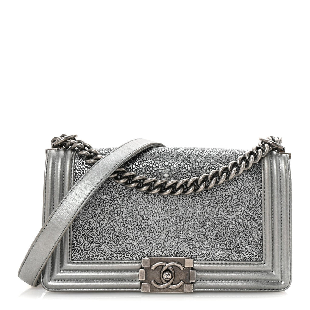 Metallic Galuchat Stingray Medium Boy Flap Silver
