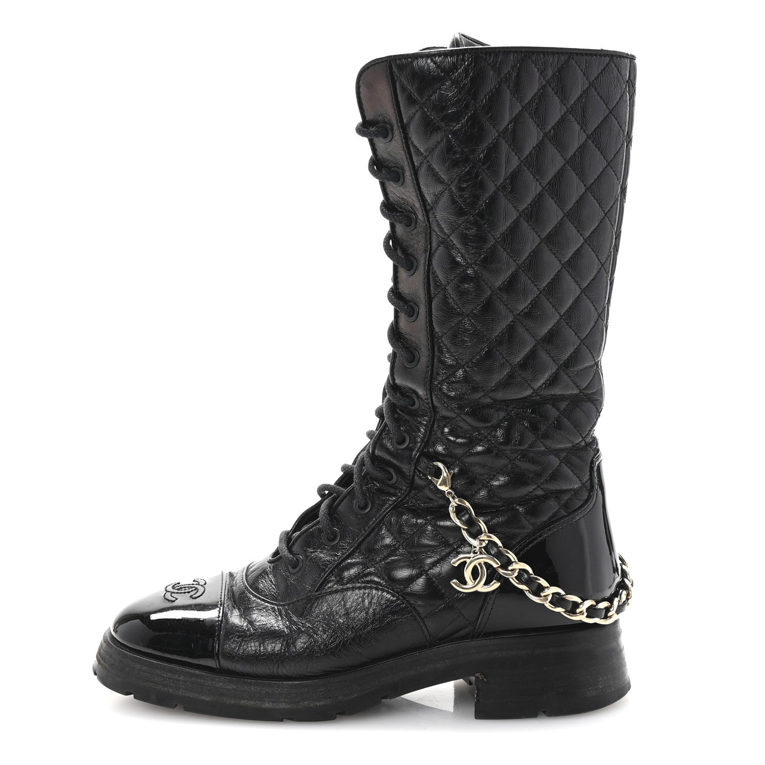 Shiny Calfskin Patent Quilted Chain Lace Up Combat Long Boots 38.5 Black