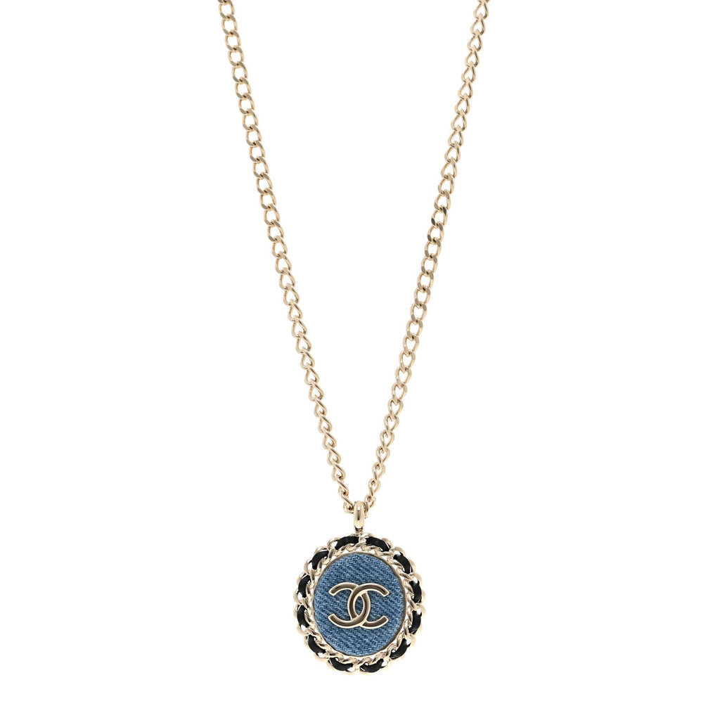 Denim CC Pendant Necklace Gold Blue Black