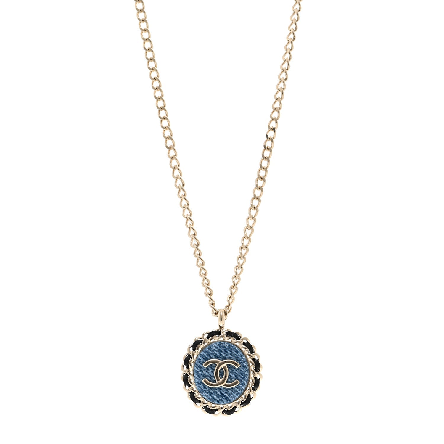Denim CC Pendant Necklace Gold Blue Black