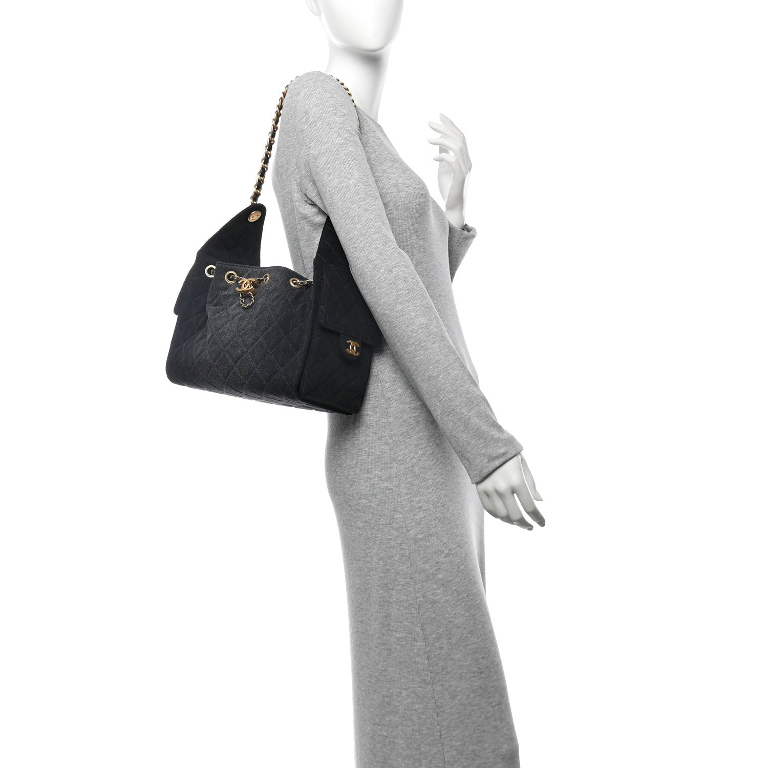 Washed Denim Quilted Small Chanel 25 Handbag Black